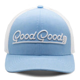 Light blue cap with white mesh back and 'Good Good' embroidery on a white background