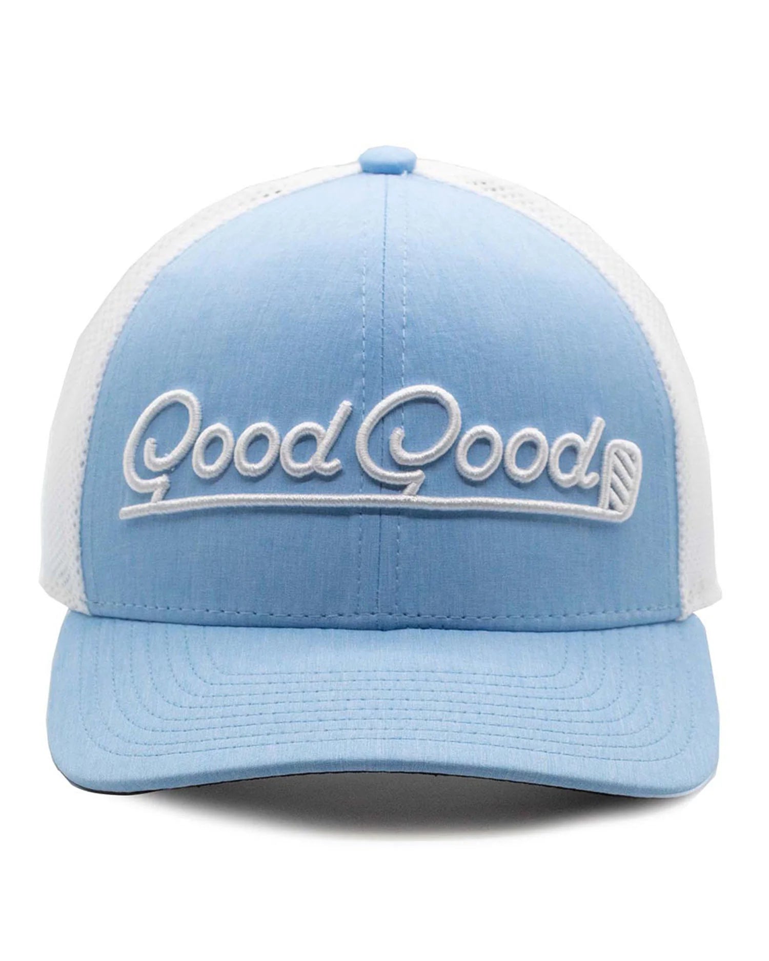 Light blue cap with white mesh back and 'Good Good' embroidery on a white background