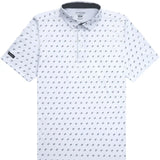 White polo shirt with small pattern on a white background