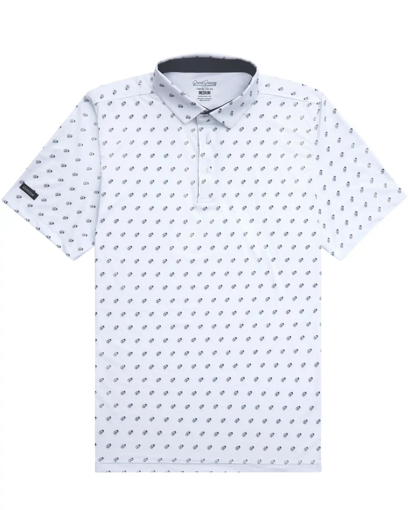 White polo shirt with small pattern on a white background